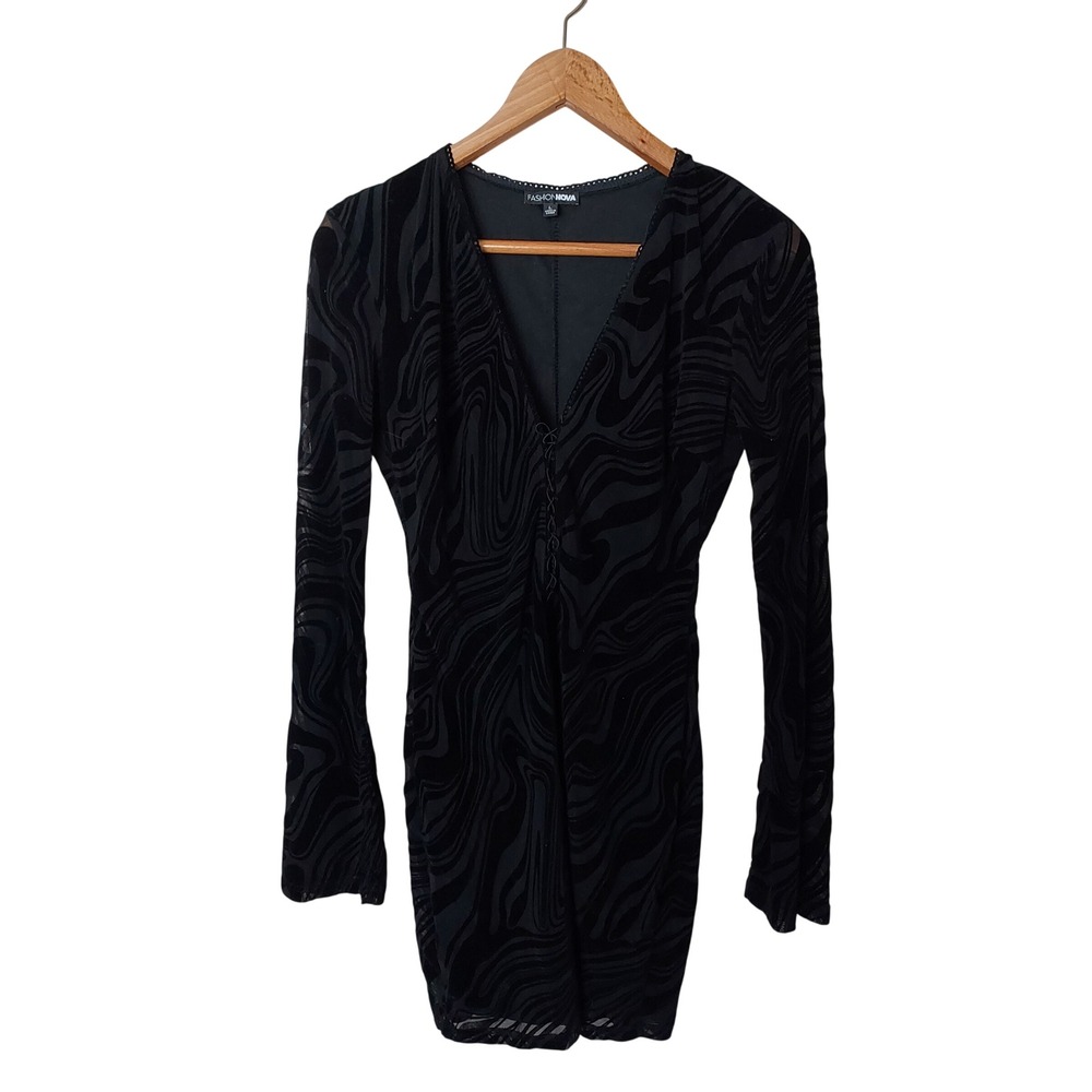 Black Burnout Velvet Swirl Mesh Mini Dress Lace Up V-Neck L Club Edgy Chic Vamp - Picture 2 of 9